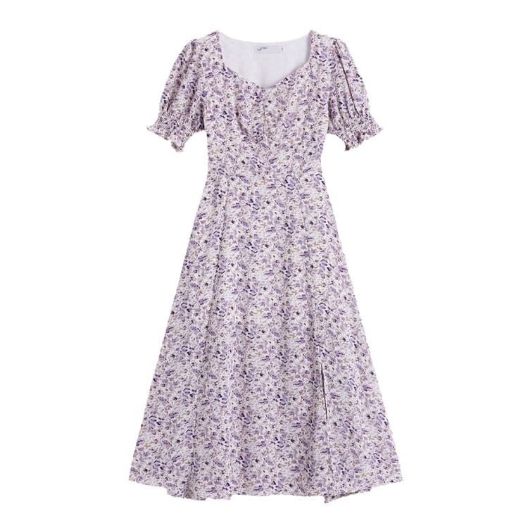 Midi A-Line Slit Puff-Sleeve Dress Floral