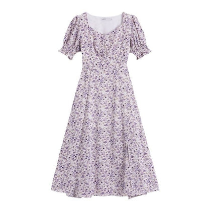 Midi A-Line Slit Puff-Sleeve Dress Floral