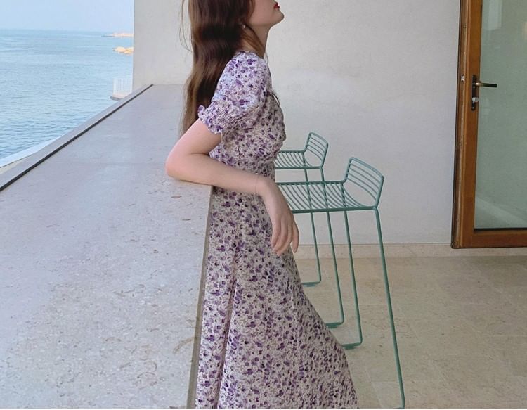 Midi A-Line Slit Puff-Sleeve Dress Floral