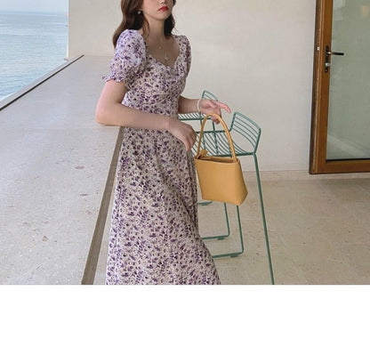 Midi A-Line Slit Puff-Sleeve Dress Floral