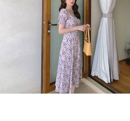 Midi A-Line Slit Puff-Sleeve Dress Floral