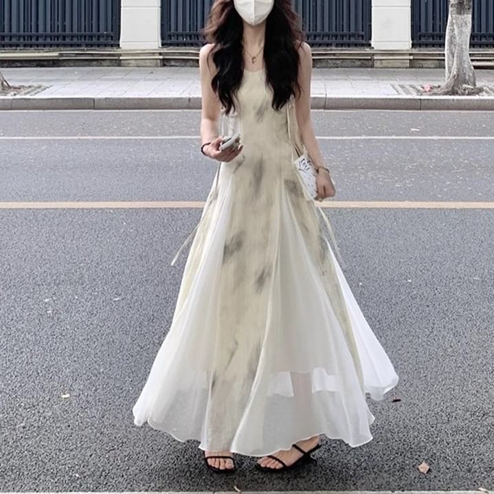 Spaghetti Midi Dress Print Strap A-Line