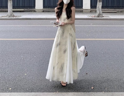 Spaghetti Midi Dress Print Strap A-Line