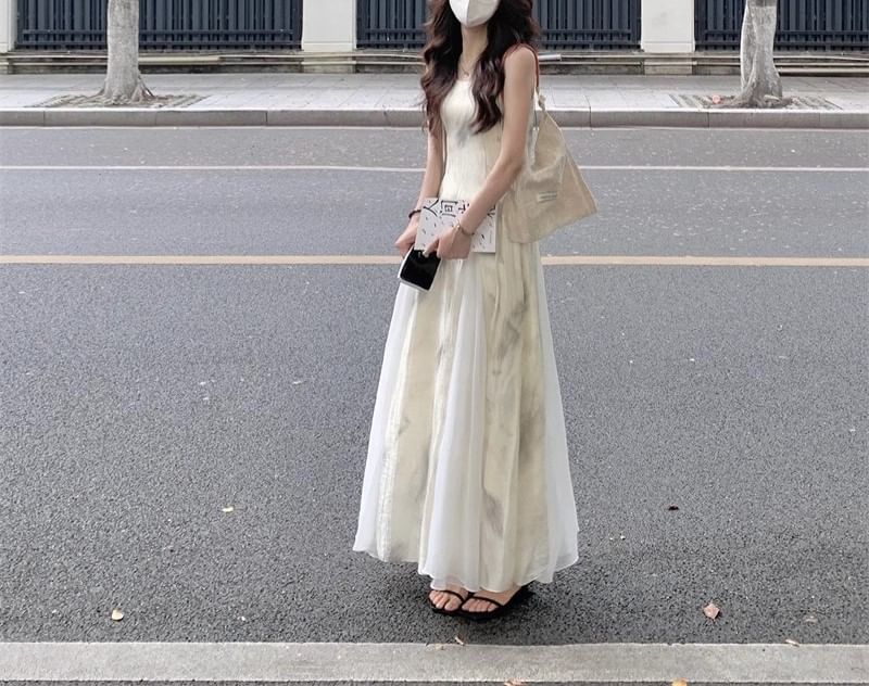 Spaghetti Midi Dress Print Strap A-Line