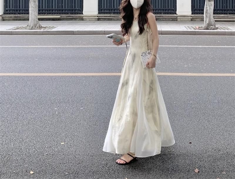 Spaghetti Midi Dress Print Strap A-Line