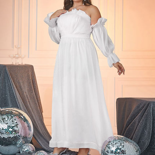 Plus Size Puff-Sleeve Off-Shoulder Plain A-Line Evening Gown