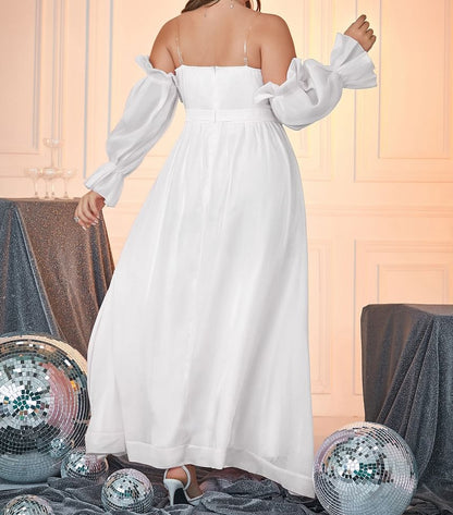 Plus Size Puff-Sleeve Off-Shoulder Plain A-Line Evening Gown