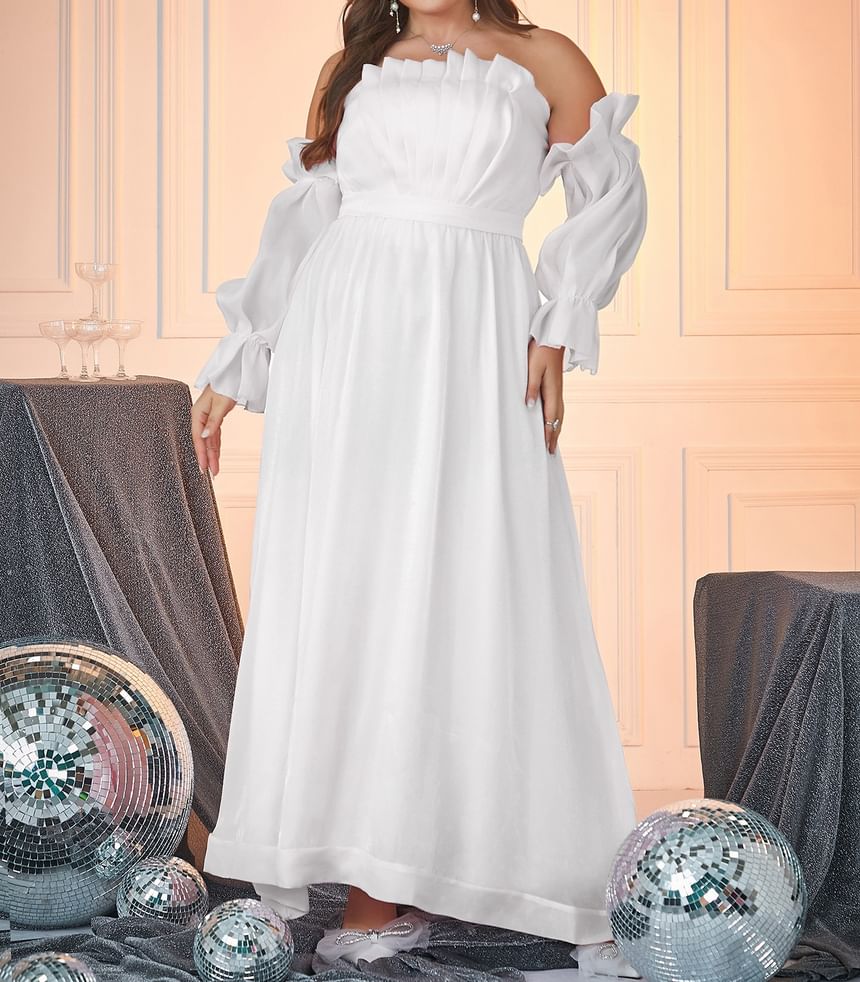 Plus Size Puff-Sleeve Off-Shoulder Plain A-Line Evening Gown