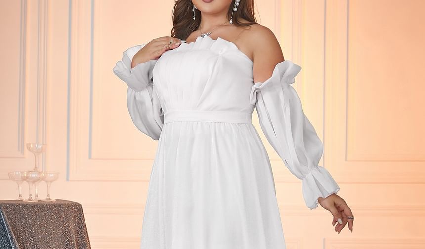 Plus Size Puff-Sleeve Off-Shoulder Plain A-Line Evening Gown