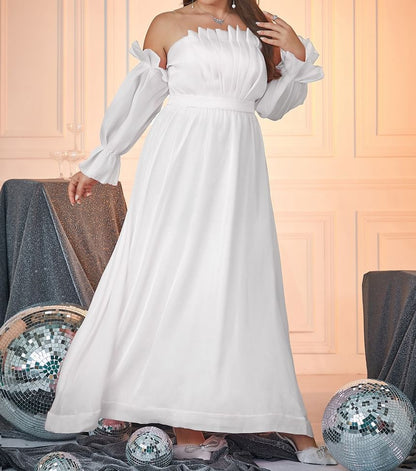 Plus Size Puff-Sleeve Off-Shoulder Plain A-Line Evening Gown
