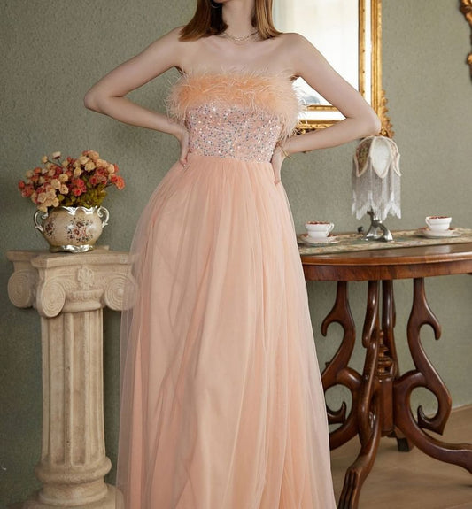 Strapless Sequin Fringed Trim A-Line Evening Dress