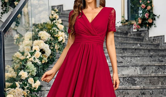 Short-Sleeve V-Neck Plain Lace Panel Asymmetrical A-Line Evening Dress