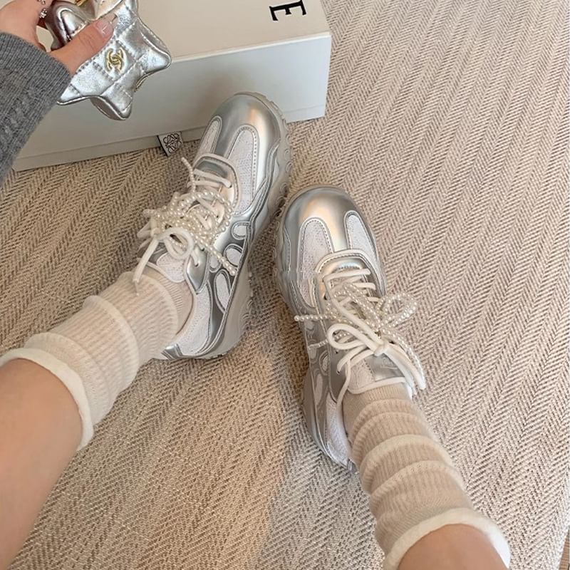 Patterned Lace-Up Platform Sneakers