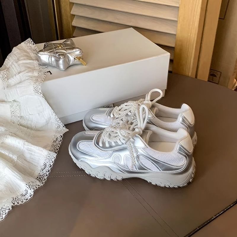 Patterned Lace-Up Platform Sneakers