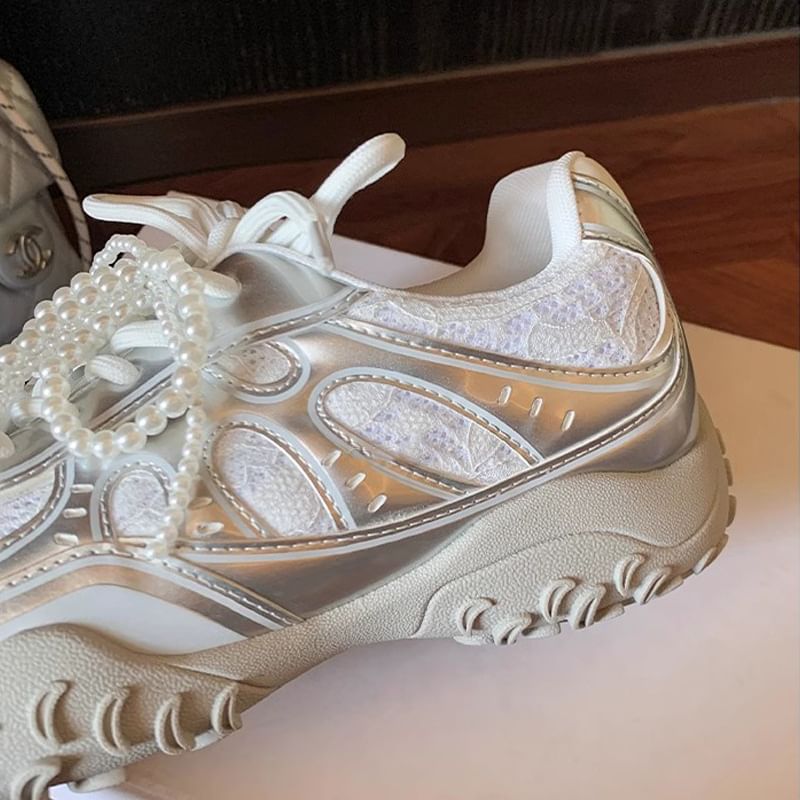 Patterned Lace-Up Platform Sneakers