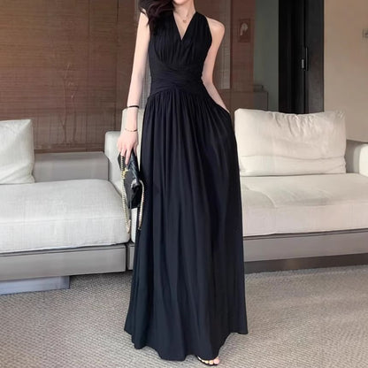 Halter V-Neck Ruched A-Line Maxi Dress