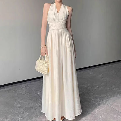 Halter V-Neck Ruched A-Line Maxi Dress