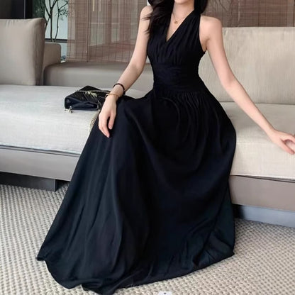 Halter V-Neck Ruched A-Line Maxi Dress