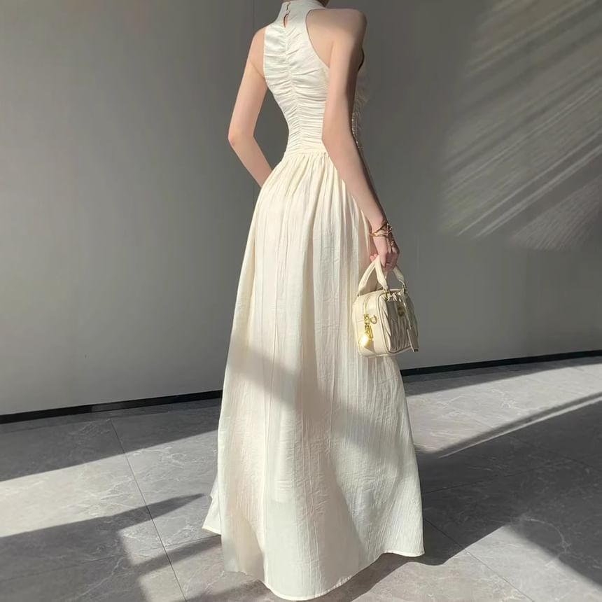 Halter V-Neck Ruched A-Line Maxi Dress