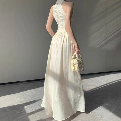 Halter V-Neck Ruched A-Line Maxi Dress