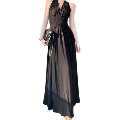 Halter V-Neck Ruched A-Line Maxi Dress