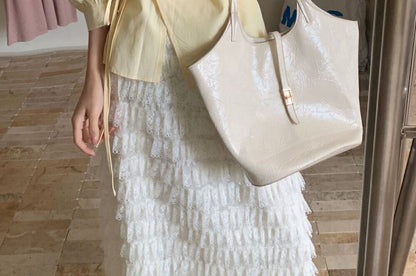 Puff-Sleeve Collared V-Neck Lace-Trim Buttoned Blouse