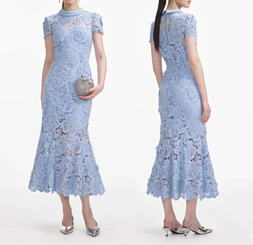 Collared Lace Mermaid Maxi Dress, Short Sleeve