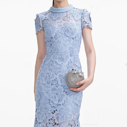 Collared Lace Mermaid Maxi Dress, Short Sleeve