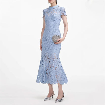 Collared Lace Mermaid Maxi Dress, Short Sleeve