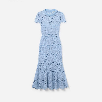Collared Lace Mermaid Maxi Dress, Short Sleeve