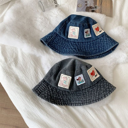 Applique Washed Denim Bucket Hat