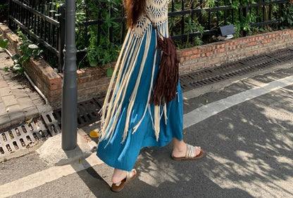 Spaghetti Strap Panel Maxi Dress, Fringe Long Camisole