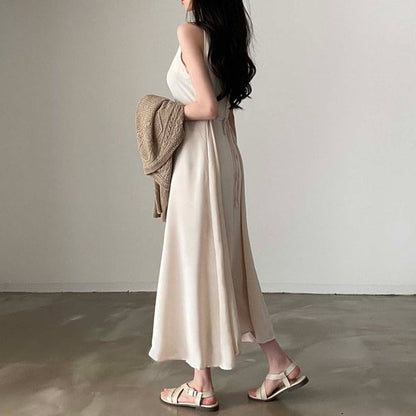 Square Neck A-Line Maxi Dress, Sleeveless Plain