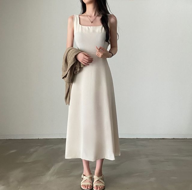 Square Neck A-Line Maxi Dress, Sleeveless Plain