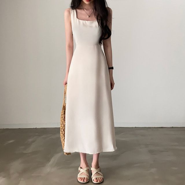 Square Neck A-Line Maxi Dress, Sleeveless Plain