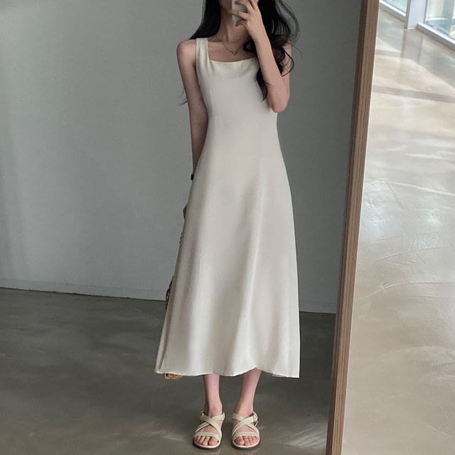 Square Neck A-Line Maxi Dress, Sleeveless Plain