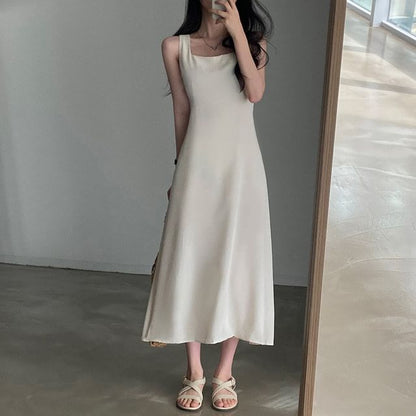 Square Neck A-Line Maxi Dress, Sleeveless Plain