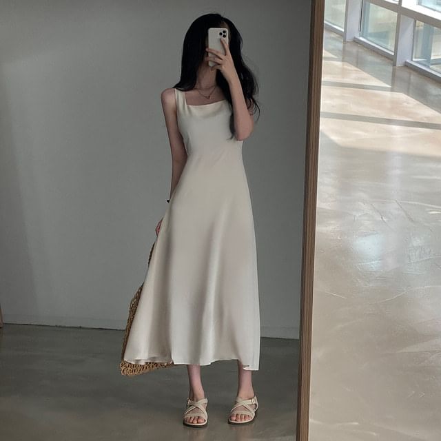 Square Neck A-Line Maxi Dress, Sleeveless Plain
