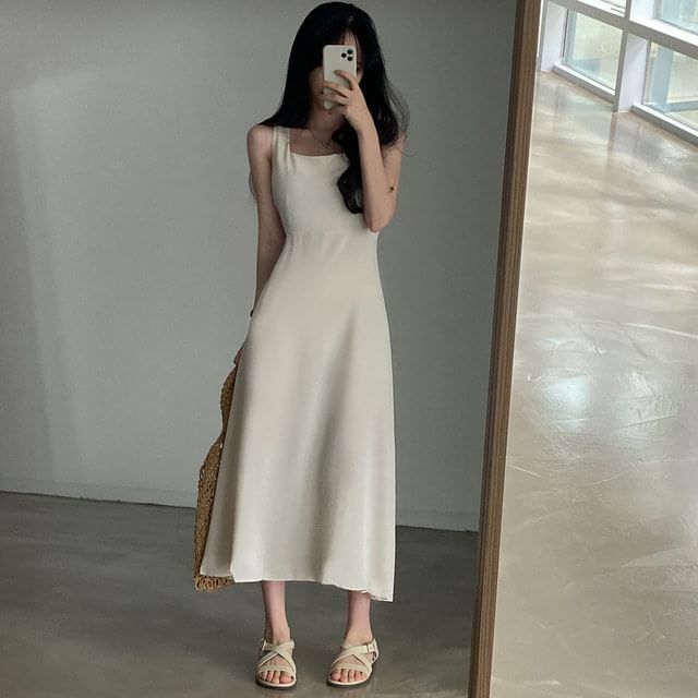 Square Neck A-Line Maxi Dress, Sleeveless Plain