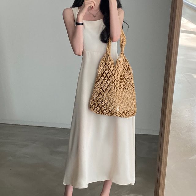 Square Neck A-Line Maxi Dress, Sleeveless Plain