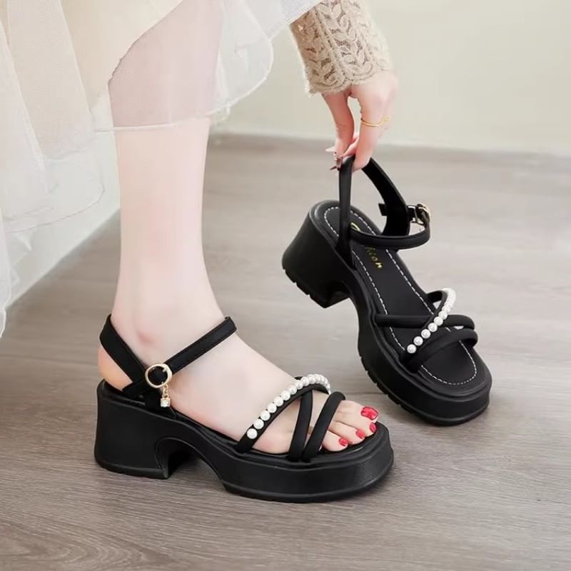 Platform Faux Pearl Block Heel Sandals
