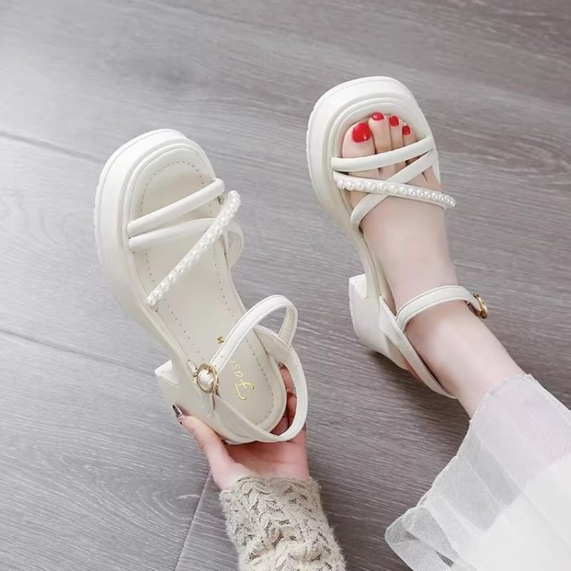 Platform Faux Pearl Block Heel Sandals