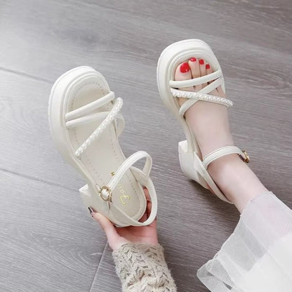 Platform Faux Pearl Block Heel Sandals