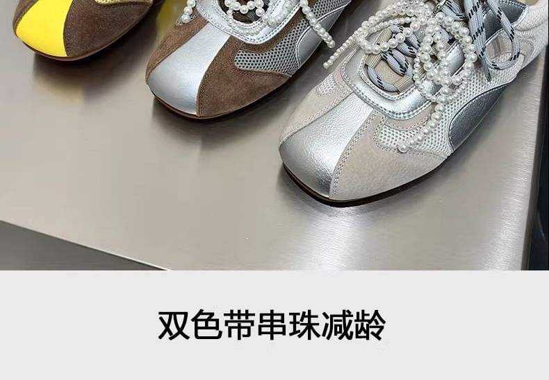 Square Toe Beaded Bow Panel Mesh Sneakers