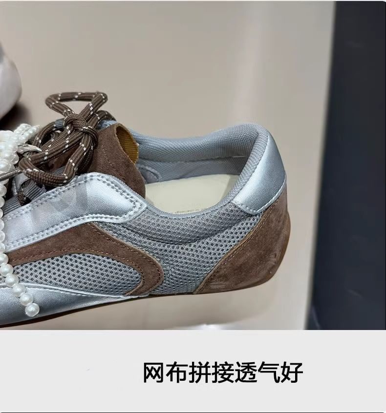 Square Toe Beaded Bow Panel Mesh Sneakers