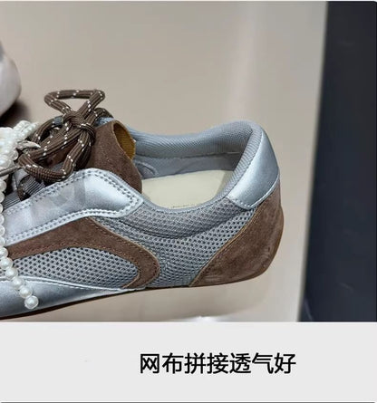 Square Toe Beaded Bow Panel Mesh Sneakers