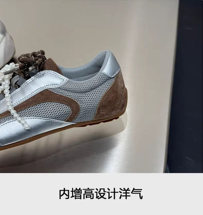 Square Toe Beaded Bow Panel Mesh Sneakers