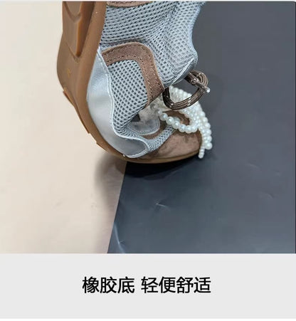 Square Toe Beaded Bow Panel Mesh Sneakers