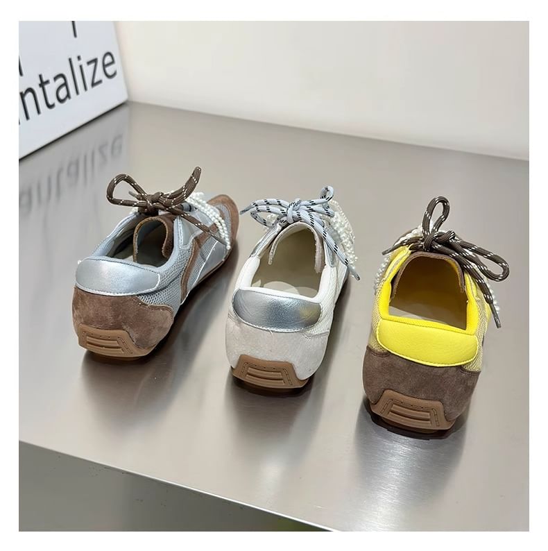 Square Toe Beaded Bow Panel Mesh Sneakers