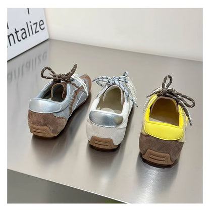 Square Toe Beaded Bow Panel Mesh Sneakers